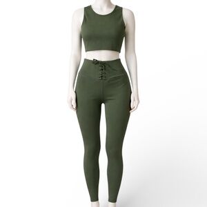 NEW SPLITS 59 Lace up 2 PC Olive Legging Sports Crop Top Set SIZE SMALL